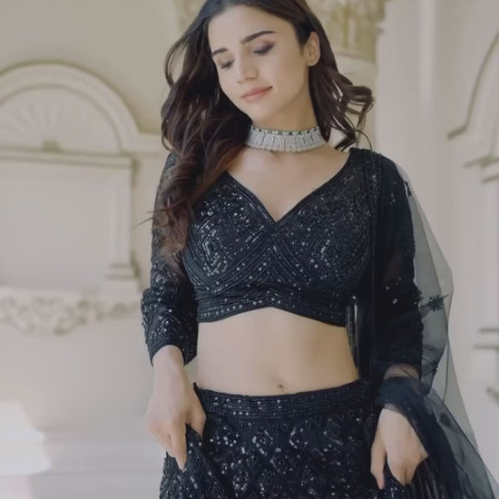 Black sequins dori work lehenga with net dupatta drape and movement video - WishTown Fashion Club