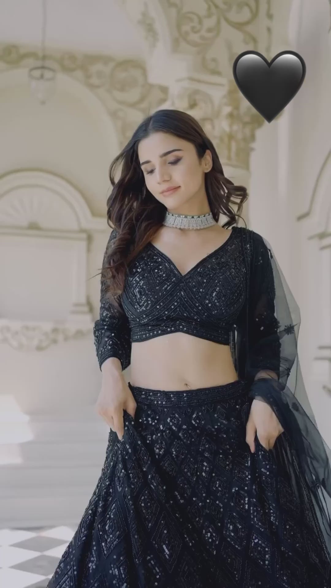 Black sequins dori work lehenga with net dupatta drape and movement video - WishTown Fashion Club