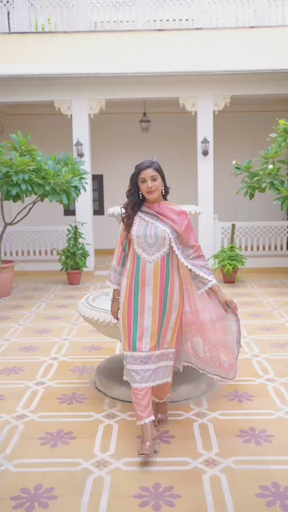Peach rayon slub printed kurta pant and Chinon dupatta set ethnic wear video - WishTown Fashion Club