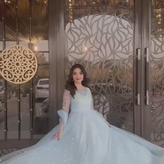 Sky blue gown lehenga dupatta set video showcasing flare embroidery and overall fit - WishTown Fashion Club