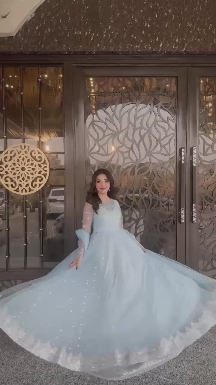 Sky blue gown lehenga dupatta set video showcasing flare embroidery and overall fit - WishTown Fashion Club