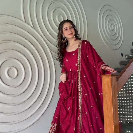 Maroon Chinon embroidered designer gown with zari sequins work festive wear video - WishTown Fashion Club