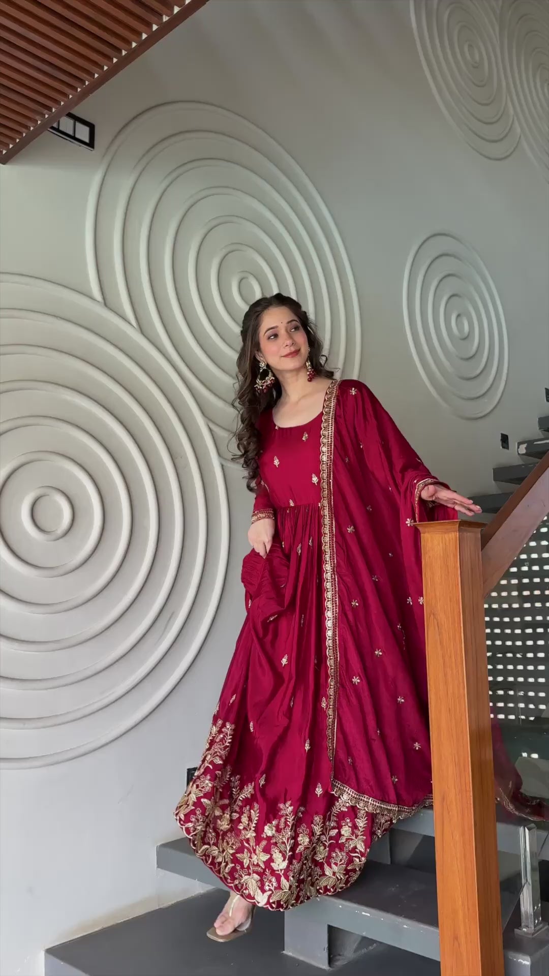 Maroon Chinon embroidered designer gown with zari sequins work festive wear video - WishTown Fashion Club