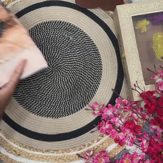 360-degree video of peach pink saree and blouse showcasing embroidery detailing and premium fabric shine - WishTown Fashion Club