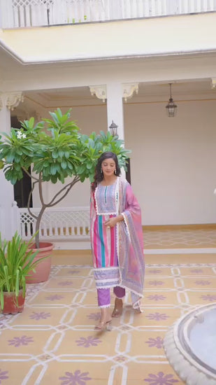 Lavender rayon slub printed kurta pant and Chinon dupatta set festive wear video - WishTown Fashion Club