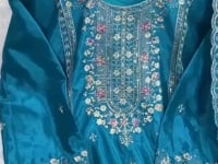 Blue wedding wear embroidered chinon silk 3 piece suit set full outfit look - WishTown Fashion Club