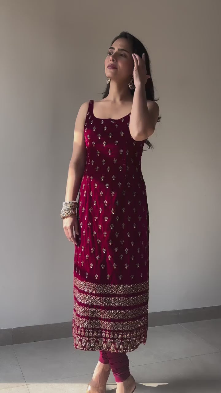 Maroon Roman Glass designer top pant set with sequence embroidery full outfit video - WishTown Fashion Club
