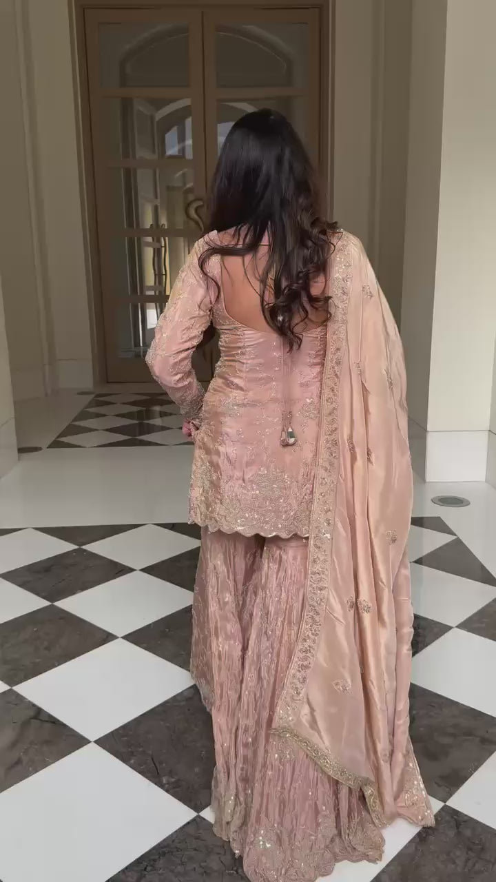Tangerine onion pink jmc silk embroidered top sharara dupatta set walk-through video - WishTown Fashion Club