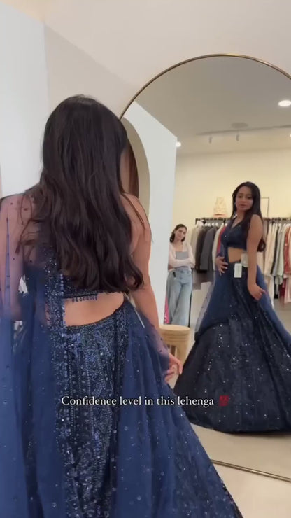 Navy net lehenga choli set with sequin-dori work and matching embroidered dupatta – WishTown Fashion Club