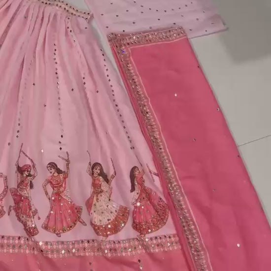 Studio product review video highlighting royal fit and canvas patta structure on digital print mirror lehenga - WishTown Fashion Club