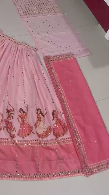 Studio product review video highlighting royal fit and canvas patta structure on digital print mirror lehenga - WishTown Fashion Club