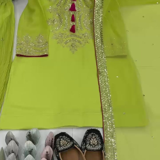 Women’s olive green party wear sharara suit featuring fancy latkan detailing and embroidered dupatta – WishTown Fashion Club