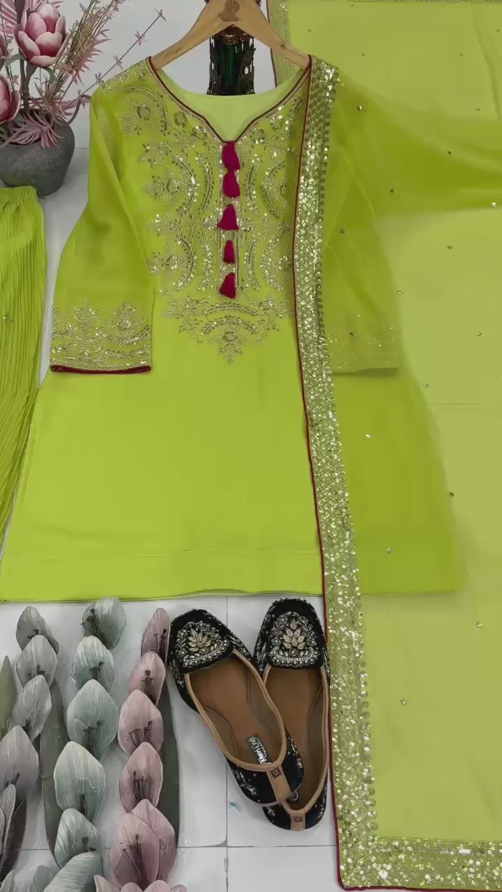 Women’s olive green party wear sharara suit featuring fancy latkan detailing and embroidered dupatta – WishTown Fashion Club