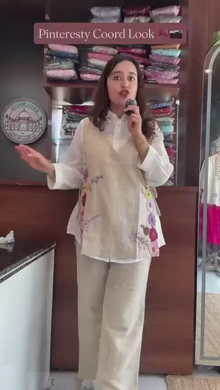Beige premium jute co-ord set video showcasing embroidered jacket and full outfit styling - WishTown Fashion Club