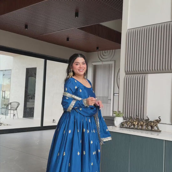 Aqua blue Chinon designer gown with embroidery zari sequins work and premium festive styling video - WishTown Fashion Club