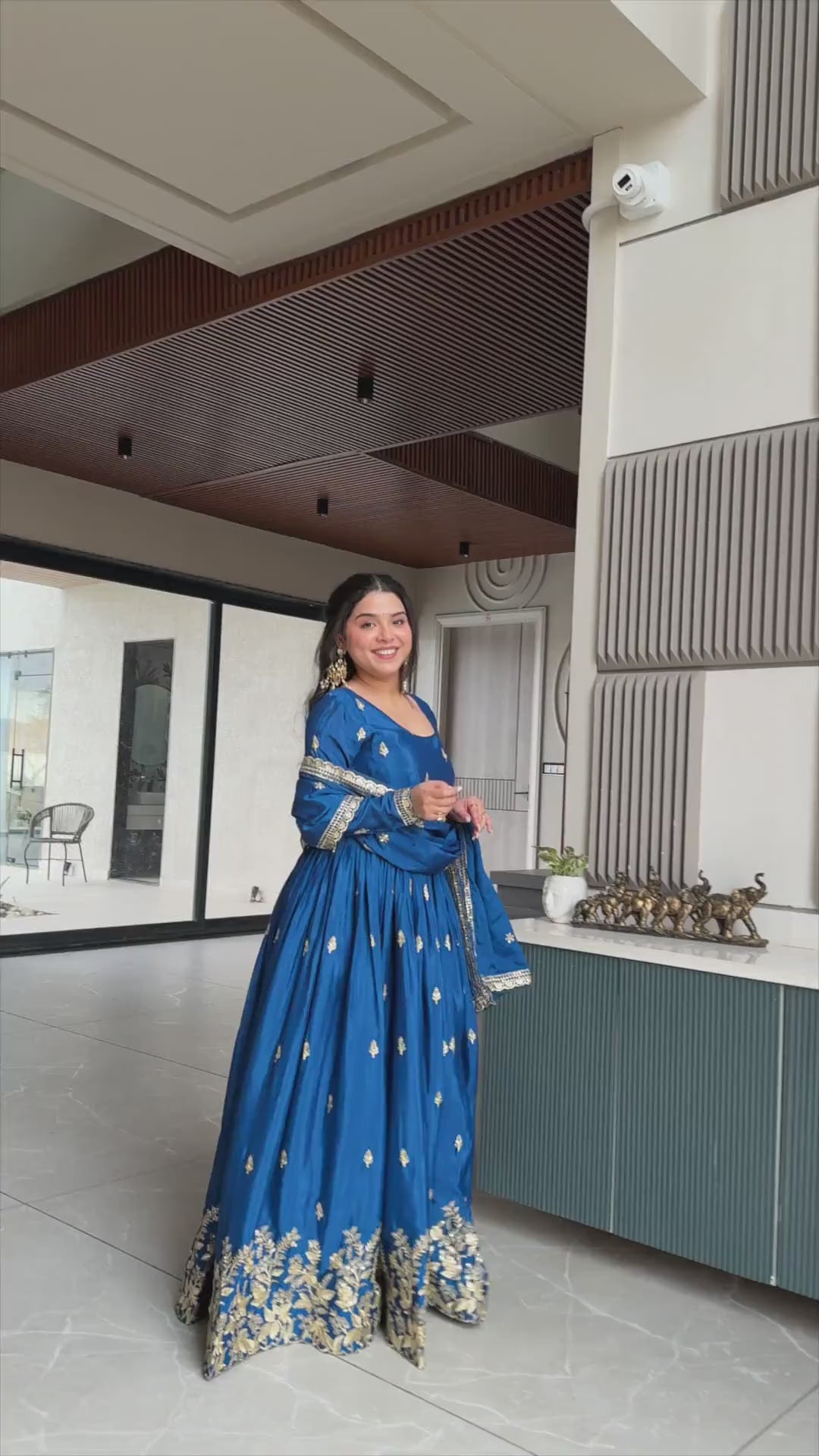 Aqua blue Chinon designer gown with embroidery zari sequins work and premium festive styling video - WishTown Fashion Club