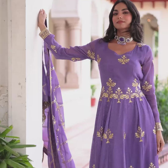 Lavender silver crunchy sequins embroidered gown pant dupatta full look video - WishTown Fashion Club