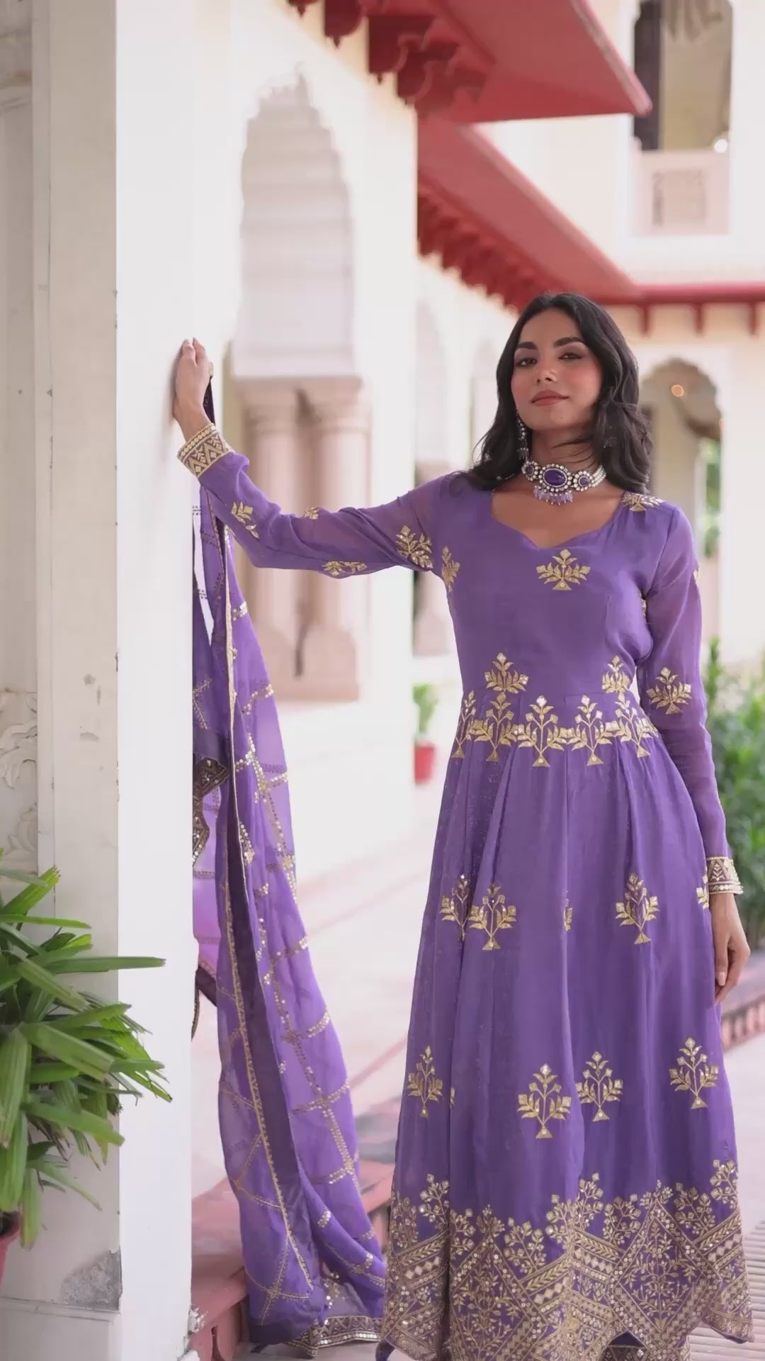Lavender silver crunchy sequins embroidered gown pant dupatta full look video - WishTown Fashion Club