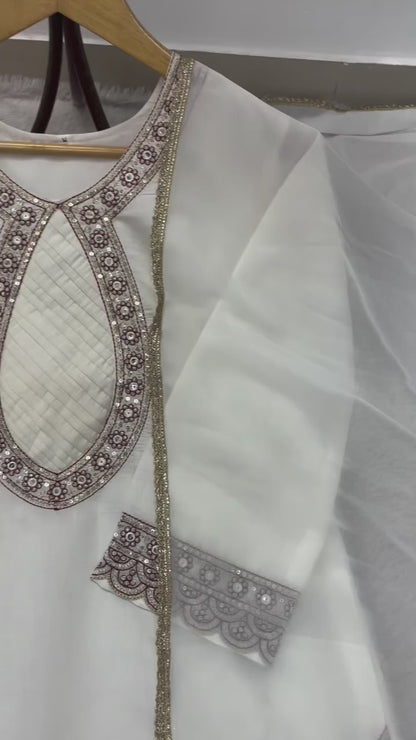 White Roman silk embroidered top pant dupatta set with sequence work ethnic wear video - WishTown Fashion Club