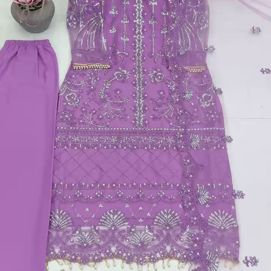 Full product presentation of a deep purple designer ethnic set showing exact layout proportions and multi size custom fit margins.