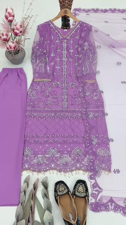 Full product presentation of a deep purple designer ethnic set showing exact layout proportions and multi size custom fit margins.