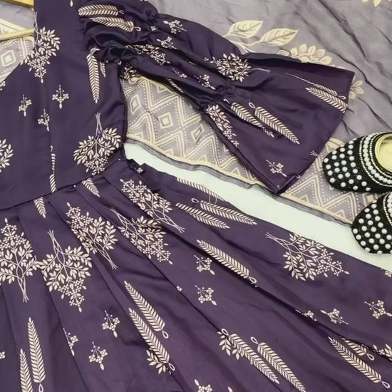 Dark purple Maslin cotton Anarkali suit with digital print and chiffon dupatta video - WishTown Fashion Club