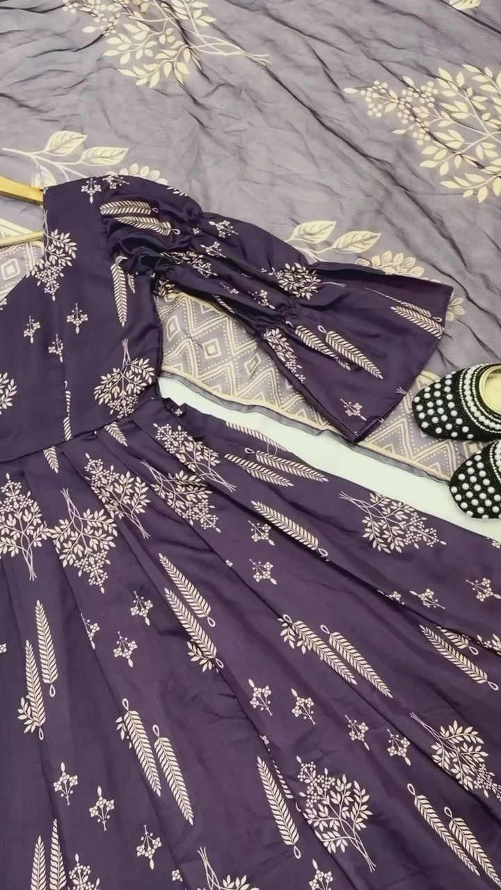 Dark purple Maslin cotton Anarkali suit with digital print and chiffon dupatta video - WishTown Fashion Club
