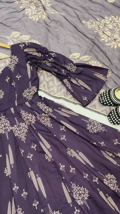 Dark purple Maslin cotton Anarkali suit with digital print and chiffon dupatta video - WishTown Fashion Club