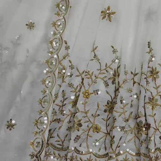 Off white Vichitra Silk embroidered gown pant dupatta set party wear video - WishTown Fashion Club