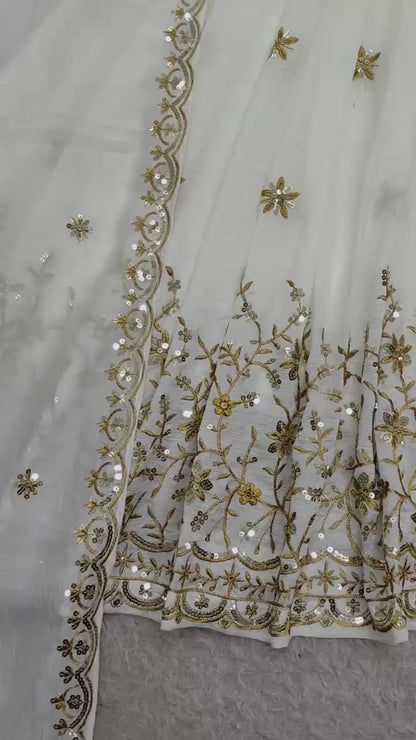 Off white Vichitra Silk embroidered gown pant dupatta set party wear video - WishTown Fashion Club