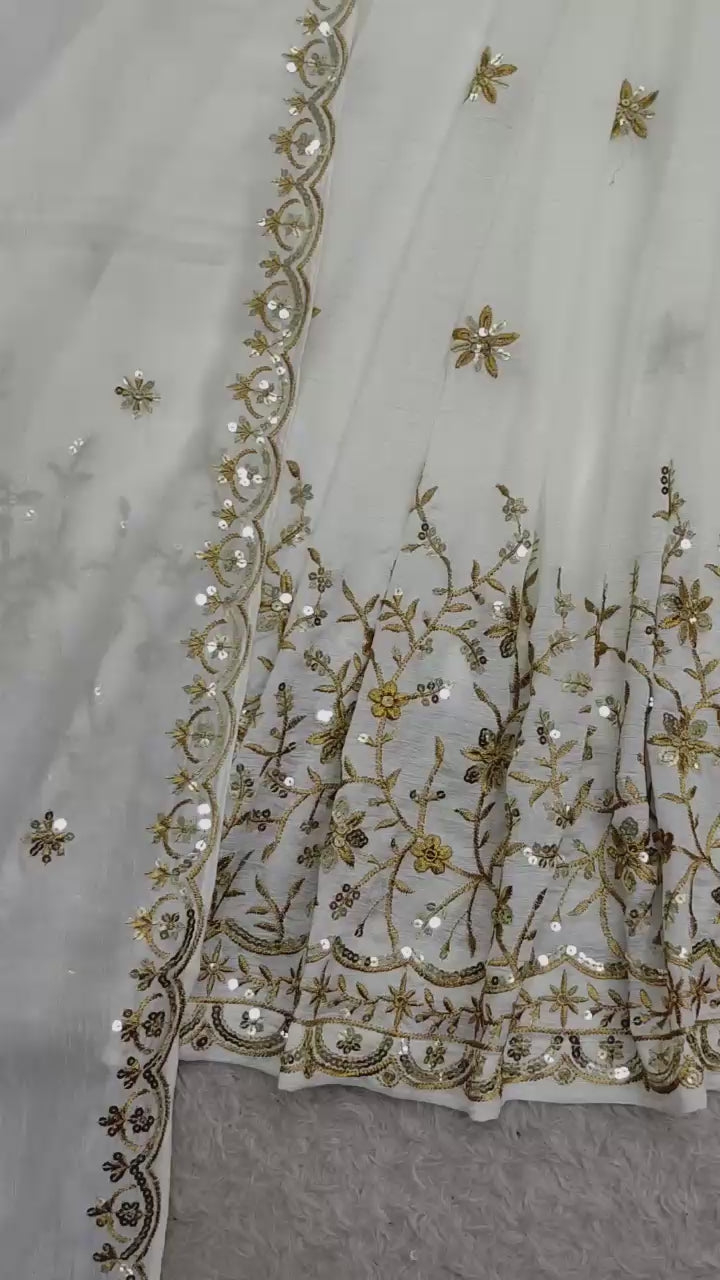 Off white Vichitra Silk embroidered gown pant dupatta set party wear video - WishTown Fashion Club