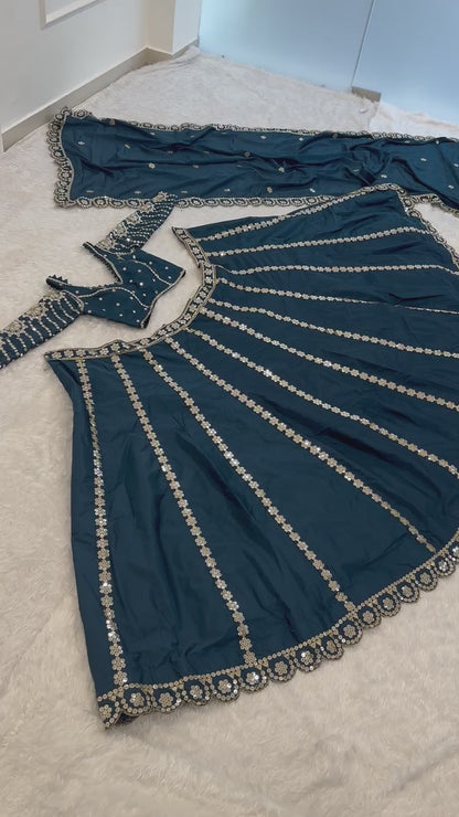 Teal blue Malai silk lehenga twirl video highlighting 3.5 meter flair - WishTown Fashion Club