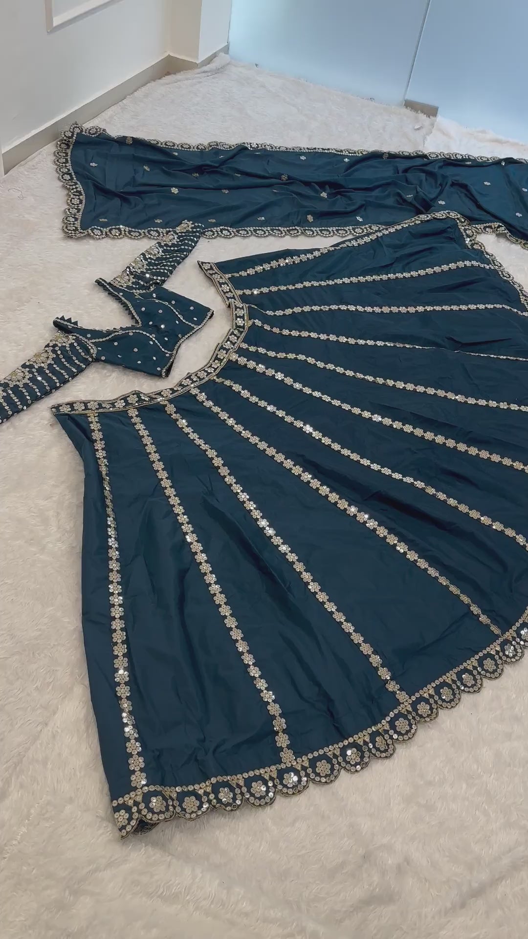 Teal blue Malai silk lehenga twirl video highlighting 3.5 meter flair - WishTown Fashion Club