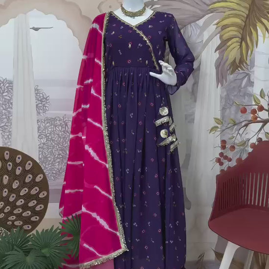 Purple faux georgette Anarkali gown set flowing flare and dupatta video view - WishTown Fashion Club