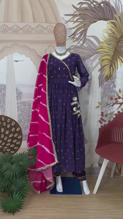 Purple faux georgette Anarkali gown set flowing flare and dupatta video view - WishTown Fashion Club