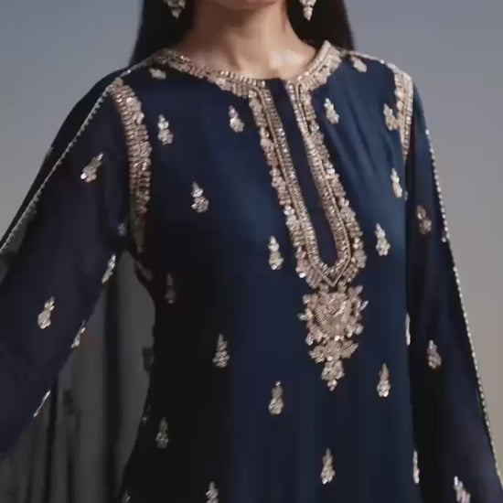 Peacock blue Zimmy Chou sharara set video showcasing embroidery and fabric flow - WishTown Fashion Club