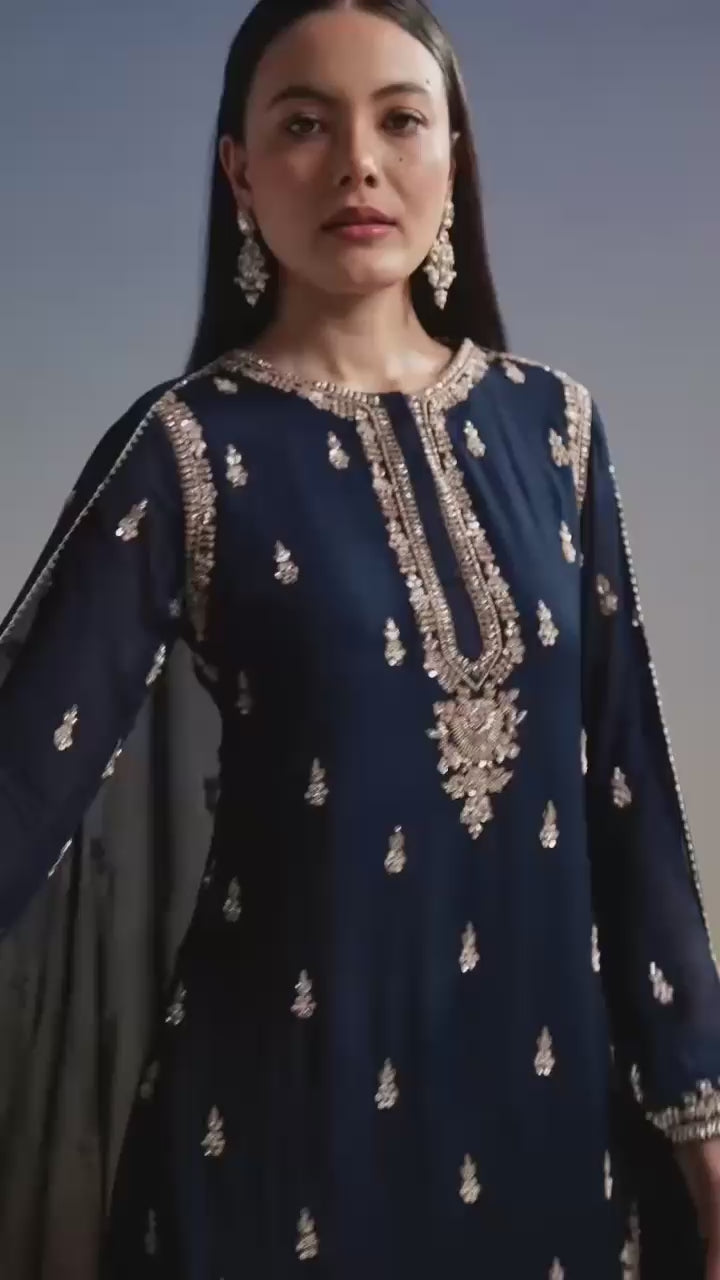 Peacock blue Zimmy Chou sharara set video showcasing embroidery and fabric flow - WishTown Fashion Club