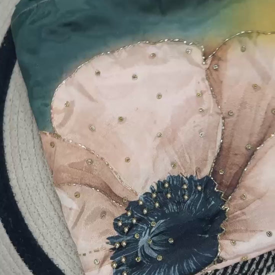 Peach pink Satin Crepe saree video showing full drape movement floral print and pearl katdana handwork - WishTown Fashion Club