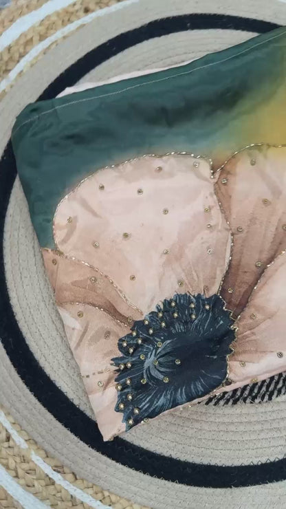 Peach pink Satin Crepe saree video showing full drape movement floral print and pearl katdana handwork - WishTown Fashion Club