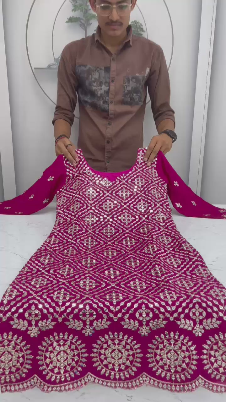 Chinon embroidered kurti plazzo dupatta set party wear video - WishTown Fashion Club