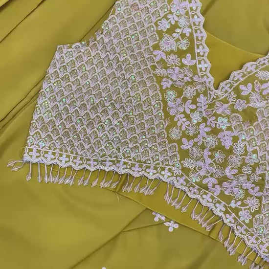 Elegant olive green crepe outfit featuring sequin embroidery and heavy latkan lace detailing – WishTown Fashion Club