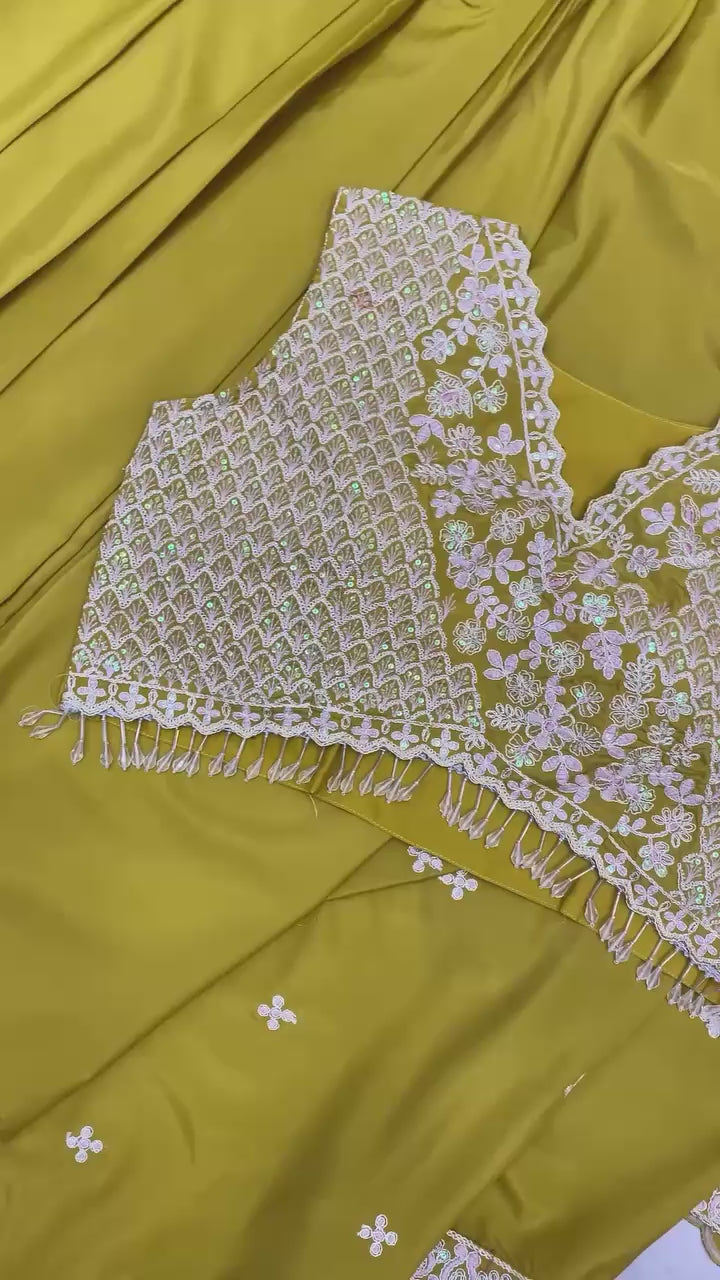 Elegant olive green crepe outfit featuring sequin embroidery and heavy latkan lace detailing – WishTown Fashion Club