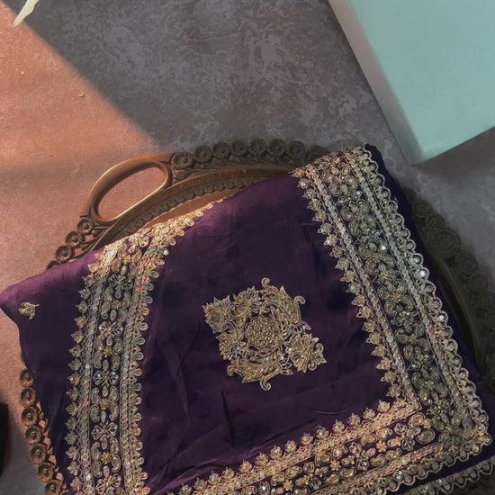 Wine Rangoli silk saree try-on video showing sequins and dori embroidery and full drape movement - WishTown Fashion Club
