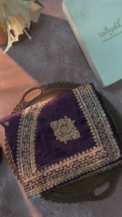 Wine Rangoli silk saree try-on video showing sequins and dori embroidery and full drape movement - WishTown Fashion Club