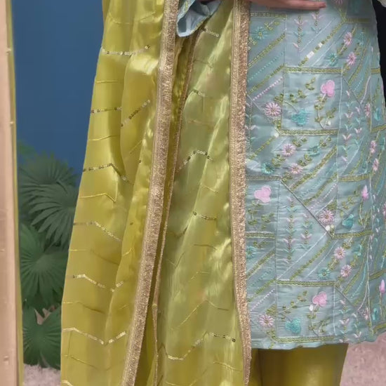 Sky blue Jimmy Choo embroidered kurti plazzo dupatta set full product video - WishTown Fashion Club