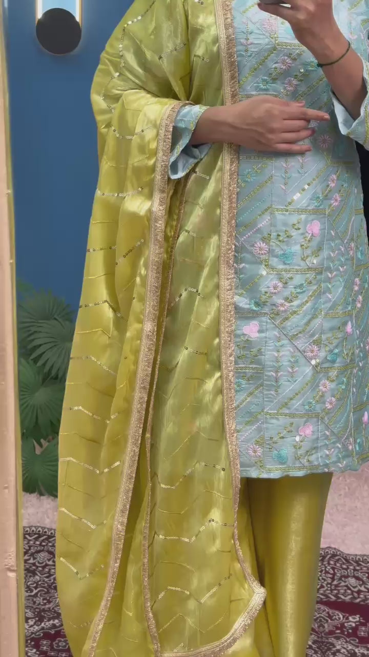 Sky blue Jimmy Choo embroidered kurti plazzo dupatta set full product video - WishTown Fashion Club