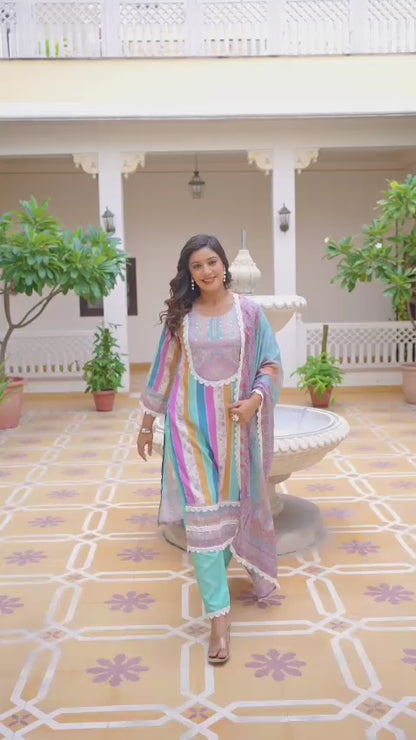 Sea green rayon slub printed kurta pant and Chinon dupatta set video - WishTown Fashion Club