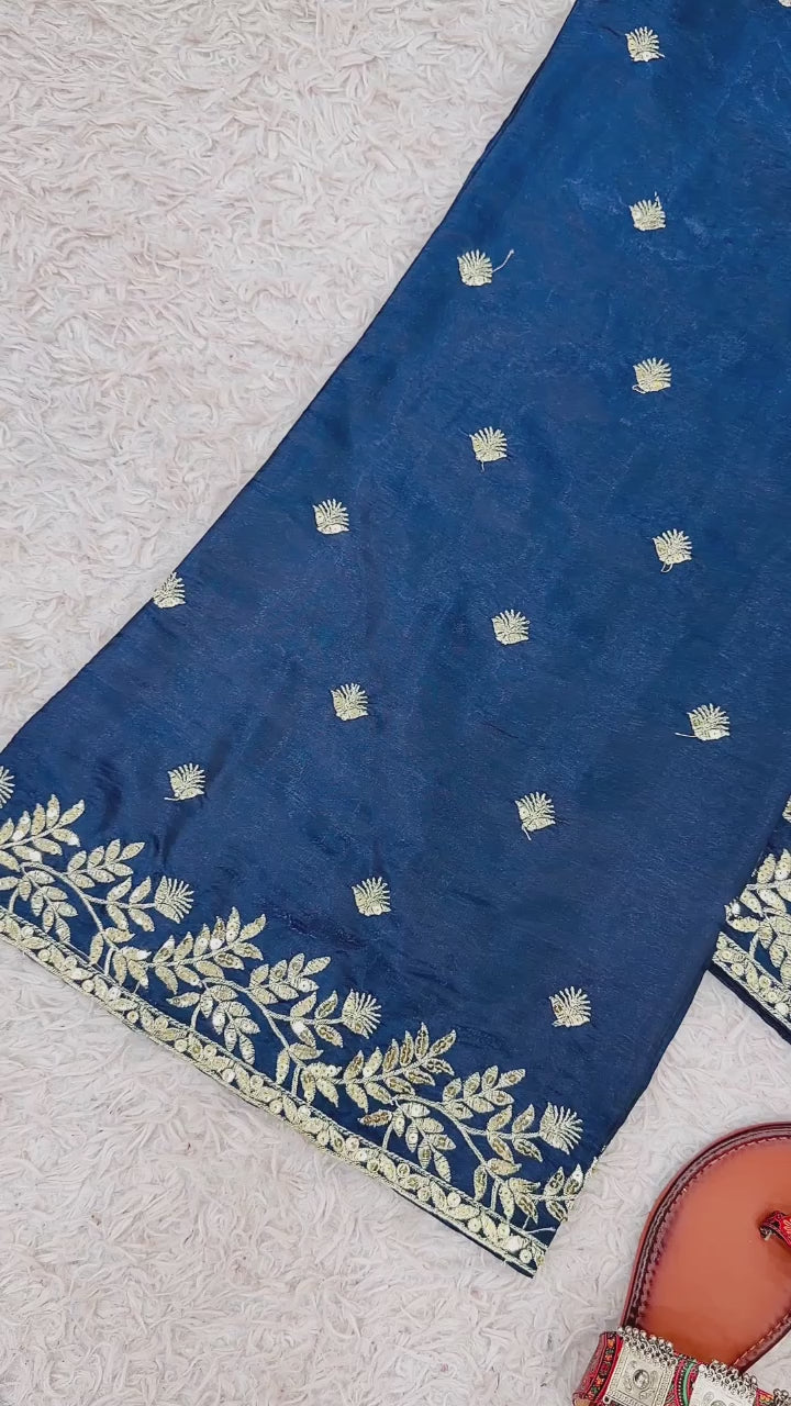 Video preview showing wine, red and navy GMY silk embroidered stitched top palazzo dupatta sets – WishTown Fashion Club