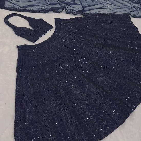 Designer navy embroidered lehenga featuring can-can skirt and heavy net dupatta – WishTown Fashion Club