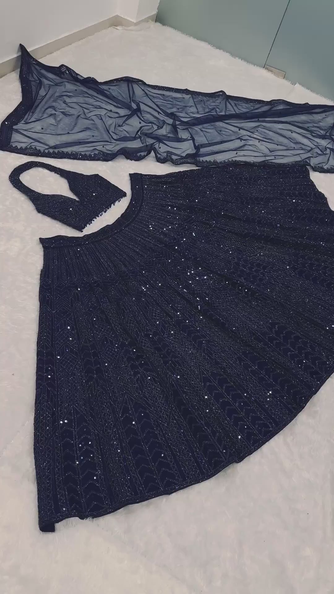 Designer navy embroidered lehenga featuring can-can skirt and heavy net dupatta – WishTown Fashion Club